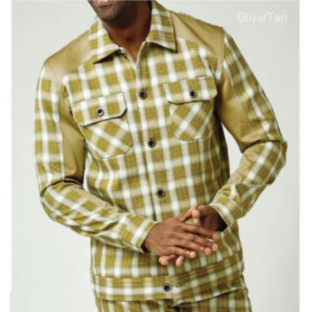 Stacy Adams Olive Green‎ Tan Plaid Button Front Shirt Jacket Elbow Patches Large